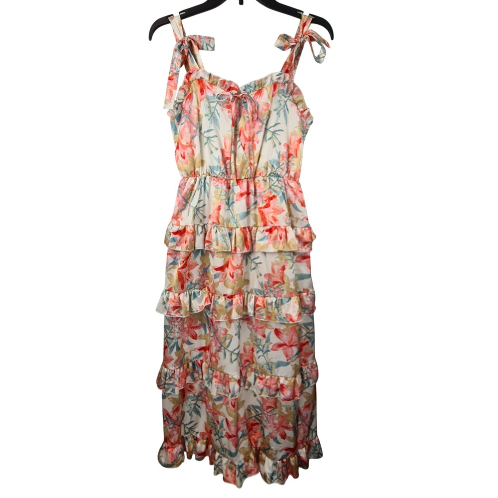 Pink Lily Floral Tiered Ruffle Midi Dress Cream Pink Small Tea Party Bow Straps